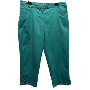 Ruby Rd Petite Women's 14 Teal Pull On Capri Pants Embellished Boho Beachy